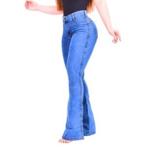Calça Jeans Feminina Flare Cos Alto Levanta Bumbum Com Lycra Boca De Sino Jeans Claro