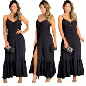 Vestido Longo Feminino Com Botão E Babado Com Bojo Alcinha Ajustável Feminino